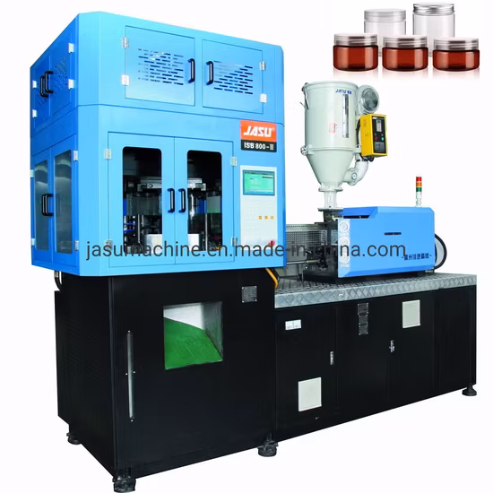 Haute vitesse 4 cavités en plastique à col large 90 mm de pots pour animaux de compagnie faisant la machine Machine de moulage par soufflage par injection de plastique entièrement automatique Les pots en PETG peuvent étirer la machine de moulage par soufflage